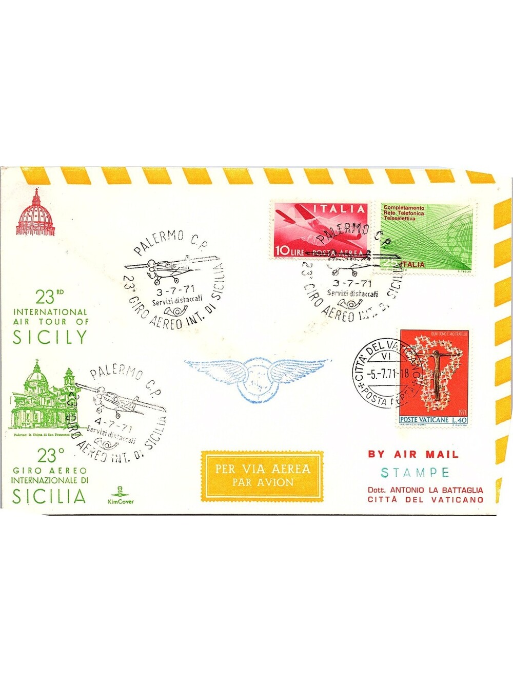 1971 Italy Vatican Flight Cover 23rd Air Tour of Sicily Palermo Aerogramme La Ba